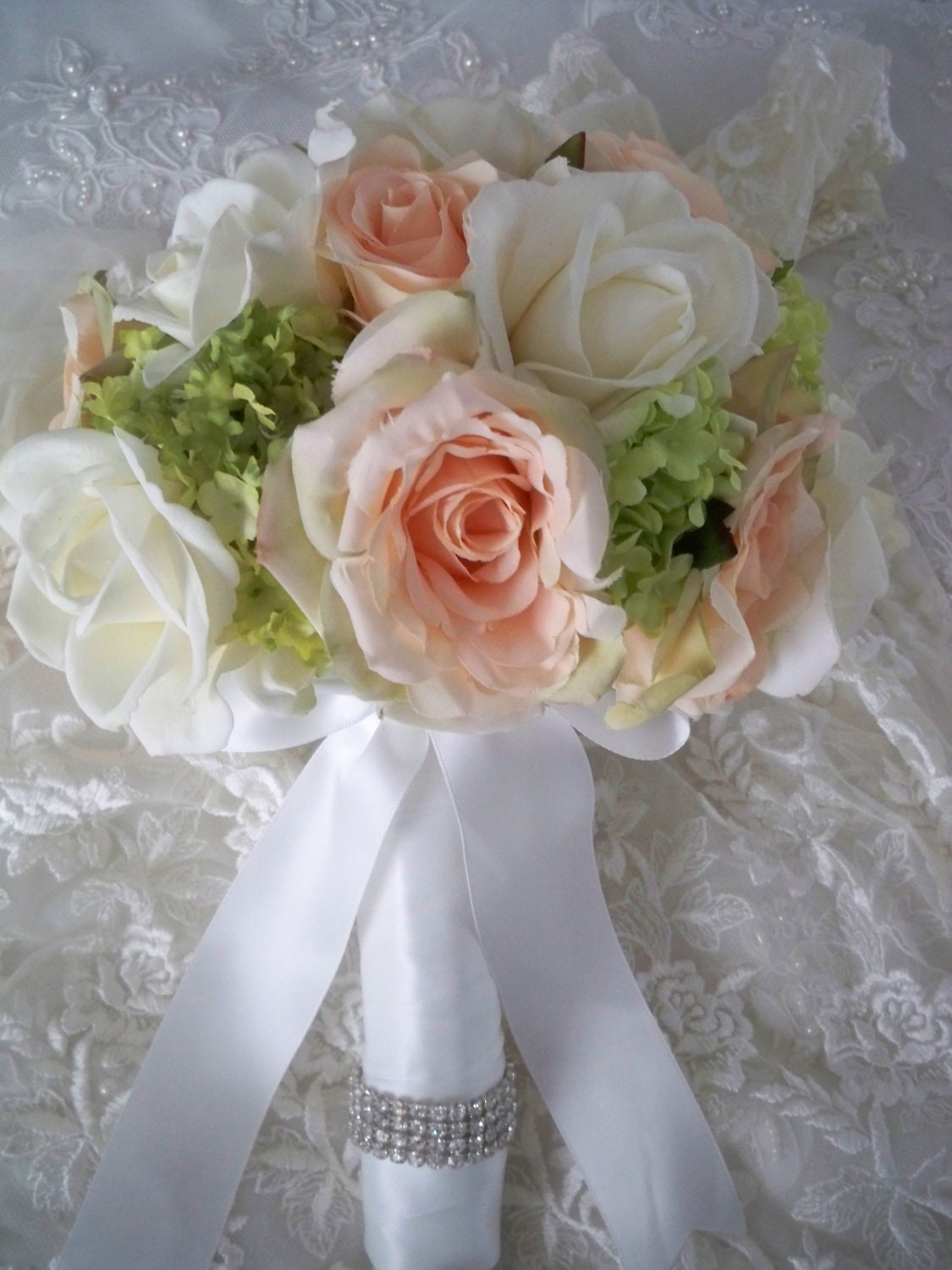 14 Piece Silk Wedding Peach Roses Cream/white Realtouch roses  Destination Bridal and Bridesmaids Bouquet Package