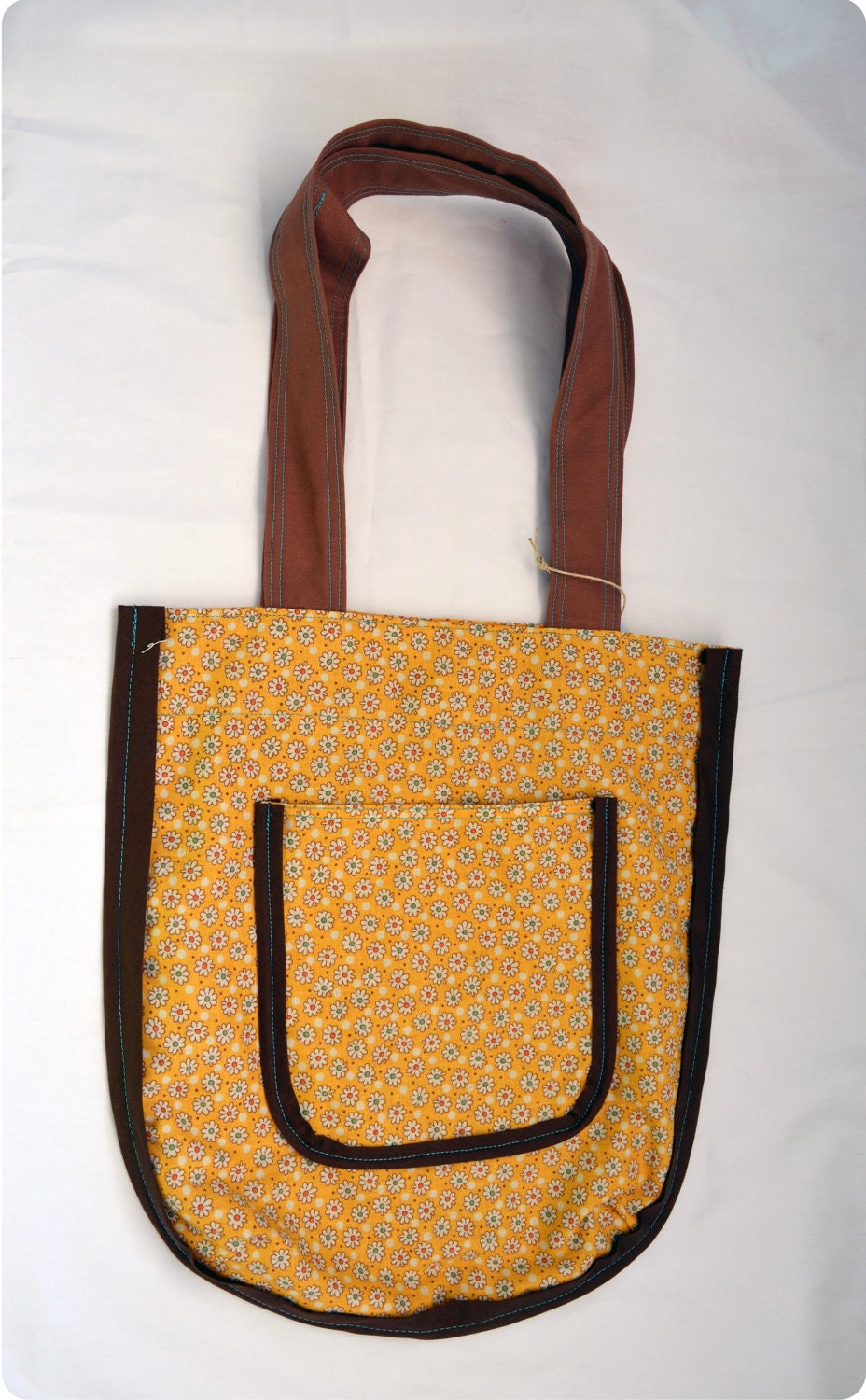 CLEARANCE Sunshine Yellow and Chocolate Brown Retro Daisy Lined Tote with Pocket