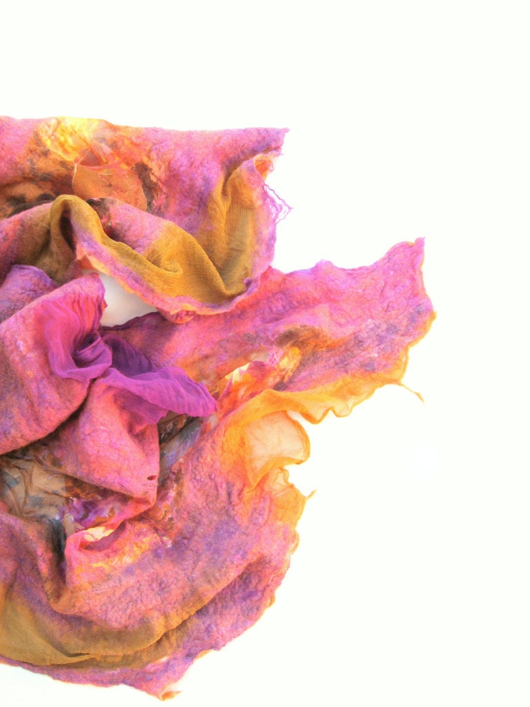 Nuno Felted Silk Scarf - Floral, Purple, Mustard, Orange - realfaery
