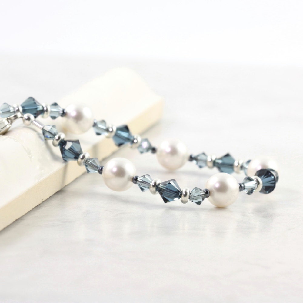 Bridal Jewelry Bracelet White Pearl Blue Sapphire Crystal Lobster Clasp - AbacusBeadCreations