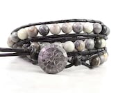 Gray Black Picasso Jasper Gemstone Leather Wrap Bracelet Black Leather Winter Fashion Boho Style Triple Wrap