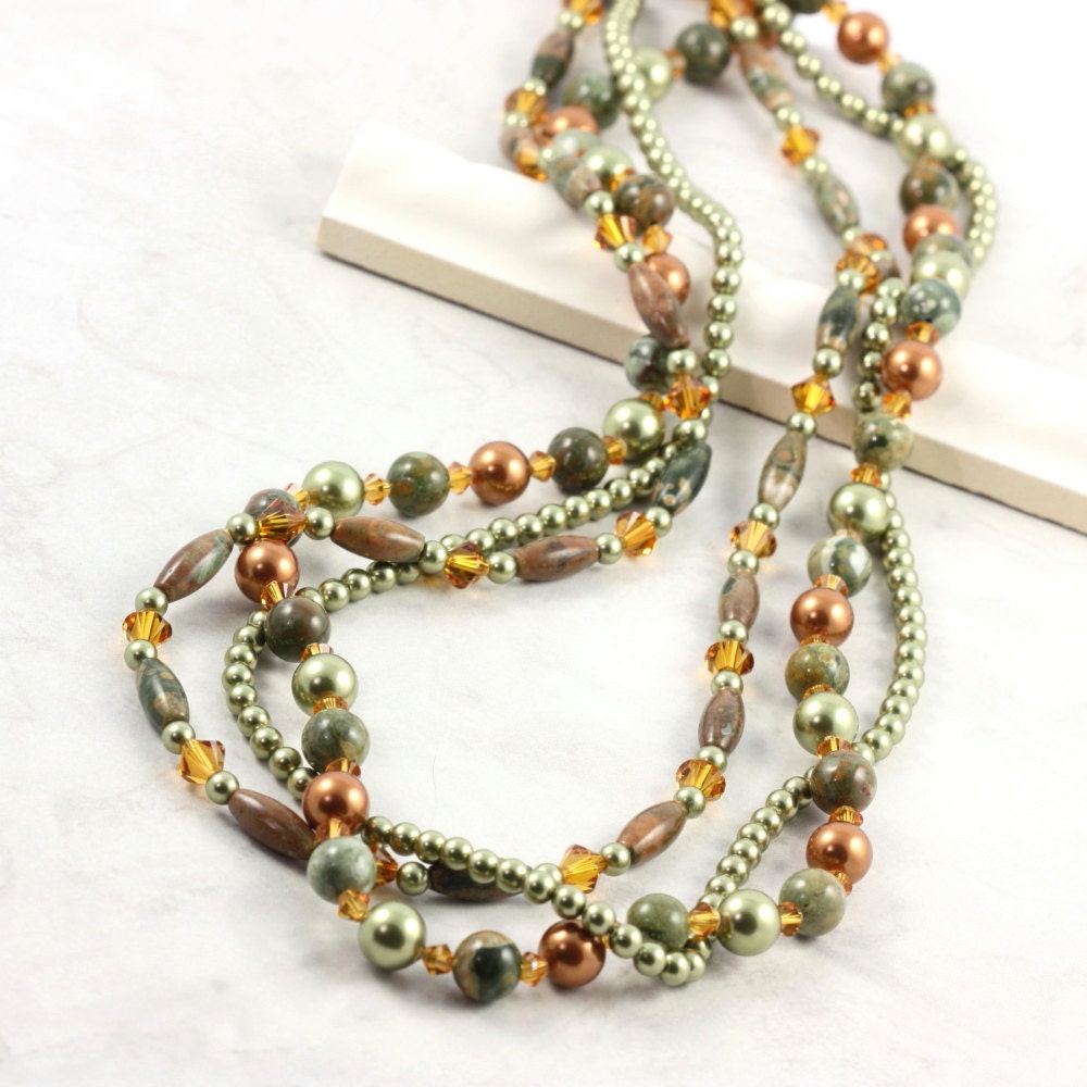 Multi Strand Necklace Green Copper Pearl Rhyolite Gemstone