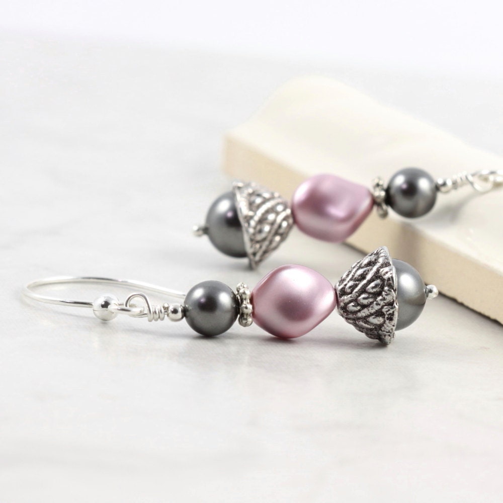 Rose Pearl Prom Earrings Dusty Mauve Pink Smoke Gray Bridal Jewelry Wedding Fashion