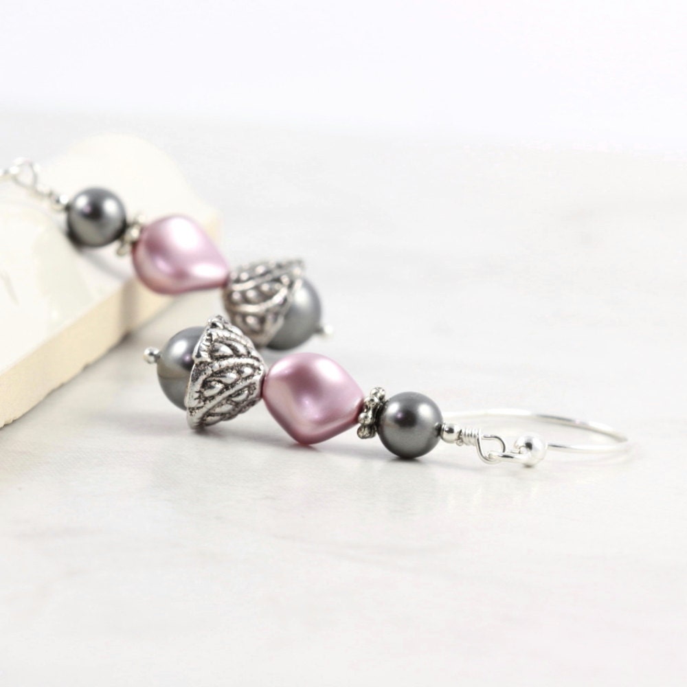 Rose Pearl Prom Earrings Dusty Mauve Pink Smoke Gray Bridal Jewelry Wedding Fashion