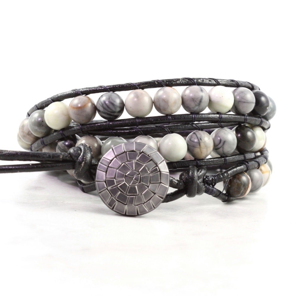 Gray Black Picasso Jasper Gemstone Leather Wrap Bracelet Black Leather Winter Fashion Boho Style Triple Wrap
