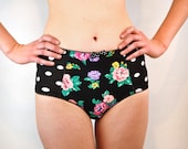 Black high waist panties with floral and polka dot print lingerie