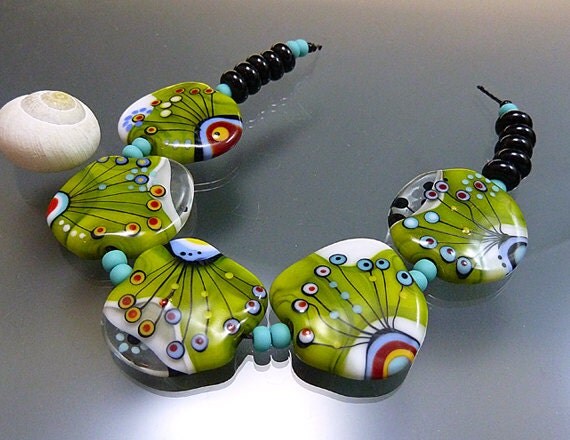 Melanie Moertel Lampwork Beads - Handmade glass bead set of 5 plus 10 spacers - "Flying Over the Cornfield"