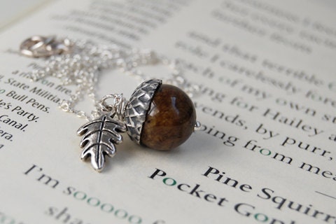 Brown Jasper and Silver Acorn Necklace