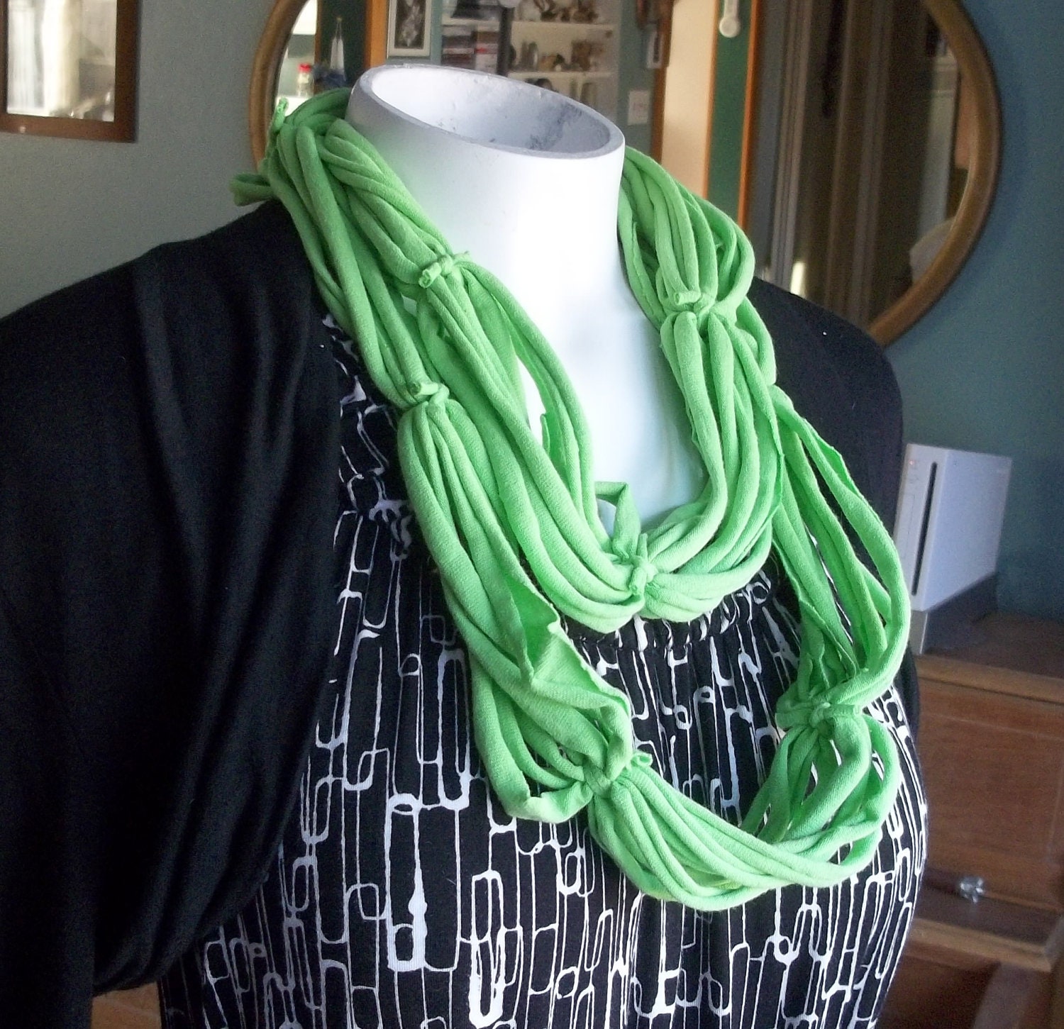 Lime green jersey t-shirt scarf infinity scarf fabric necklace eco-friendly treasury item
