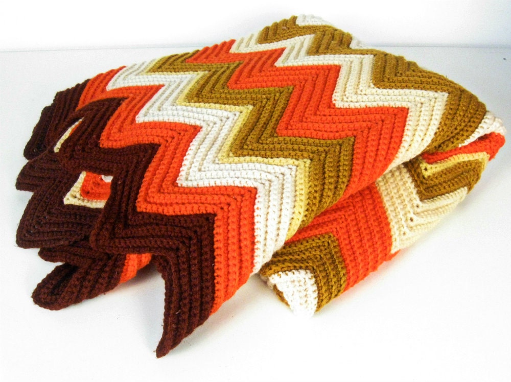 vintage chevron crochet afghan blanket - autumn colors - orange brown ivory mustard - 1970s
