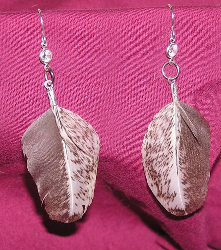 Feather Earrings- Brown and White with Rhinestones Silver French Hook
