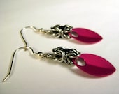Byzantine Chainmail Earrings with Pink Scale dangle and black accents