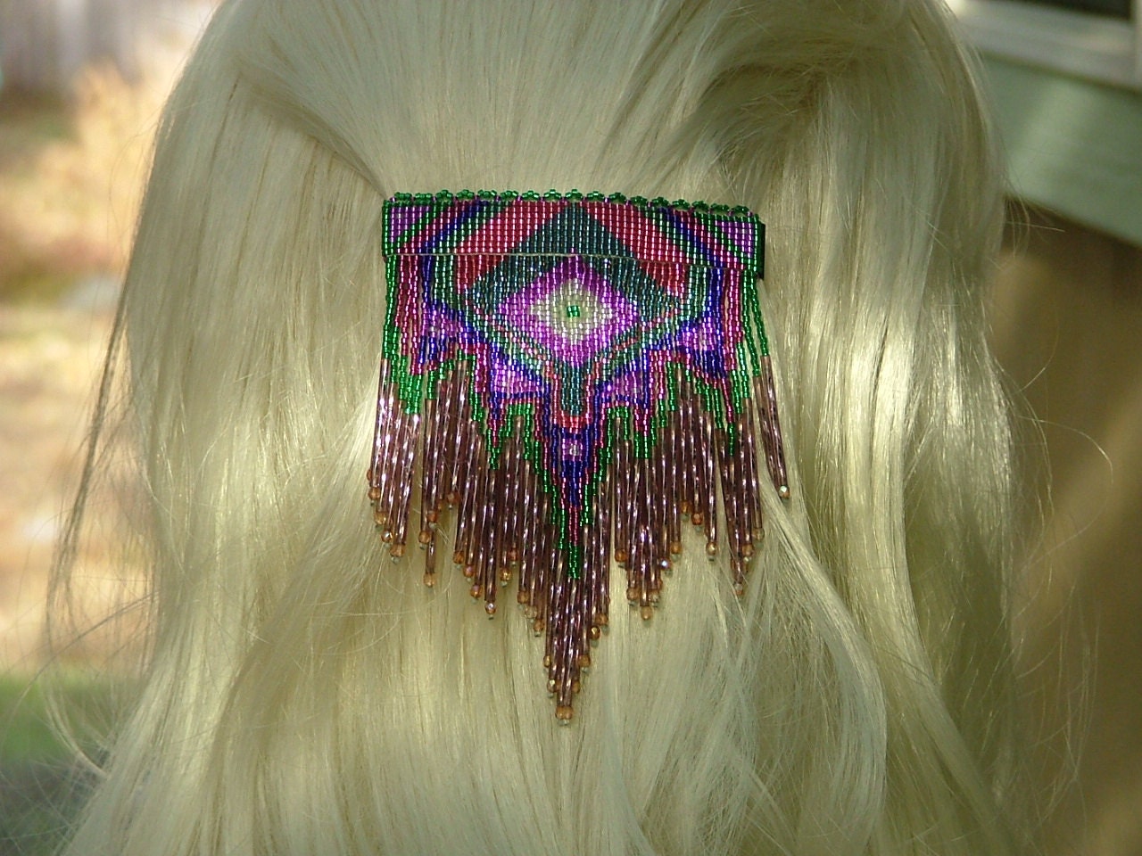 Geometric AIO large danglie. Hand beaded seed bead hair barrette.