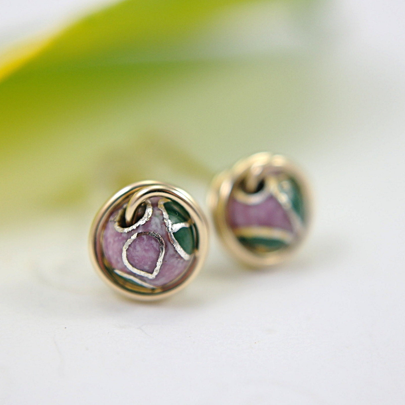 Lavender mauve cloisonne post earrings gold filled small round wire wrapped