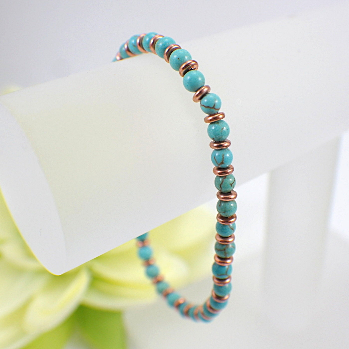 Slender turquoise magnesite copper bracelet gemstone beaded jewelry
