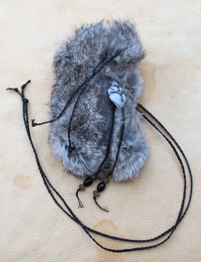 Fur pouch - recycled gray fur necklace pouch with Willendorf Goddess and Czech glass beads, and braided cord for medicine, crystals and more