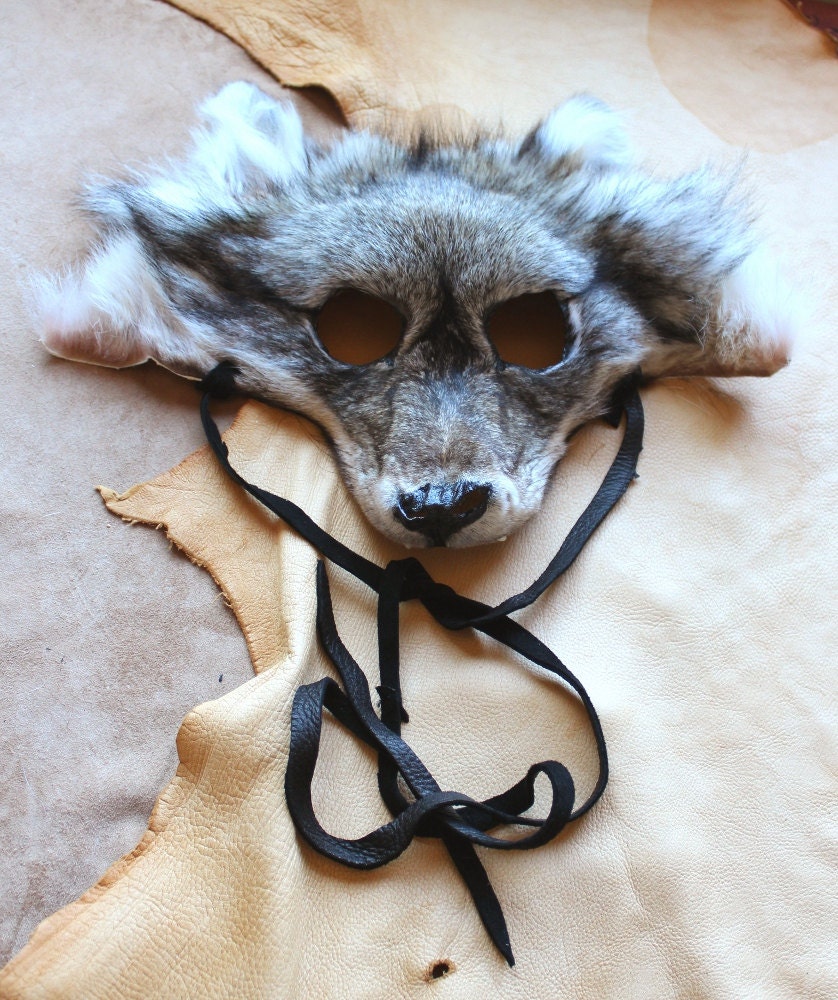 RESERVED - Real eco-friendly gray wolf fur totem mask with fangs headdress for shamanic ritual, costume, totemic dance and more