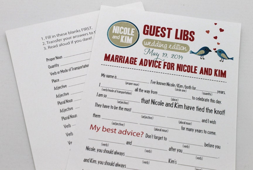 Wedding Mad Libs PDF FILE Print Yourself Love Birds Colors are Customizable Digital File