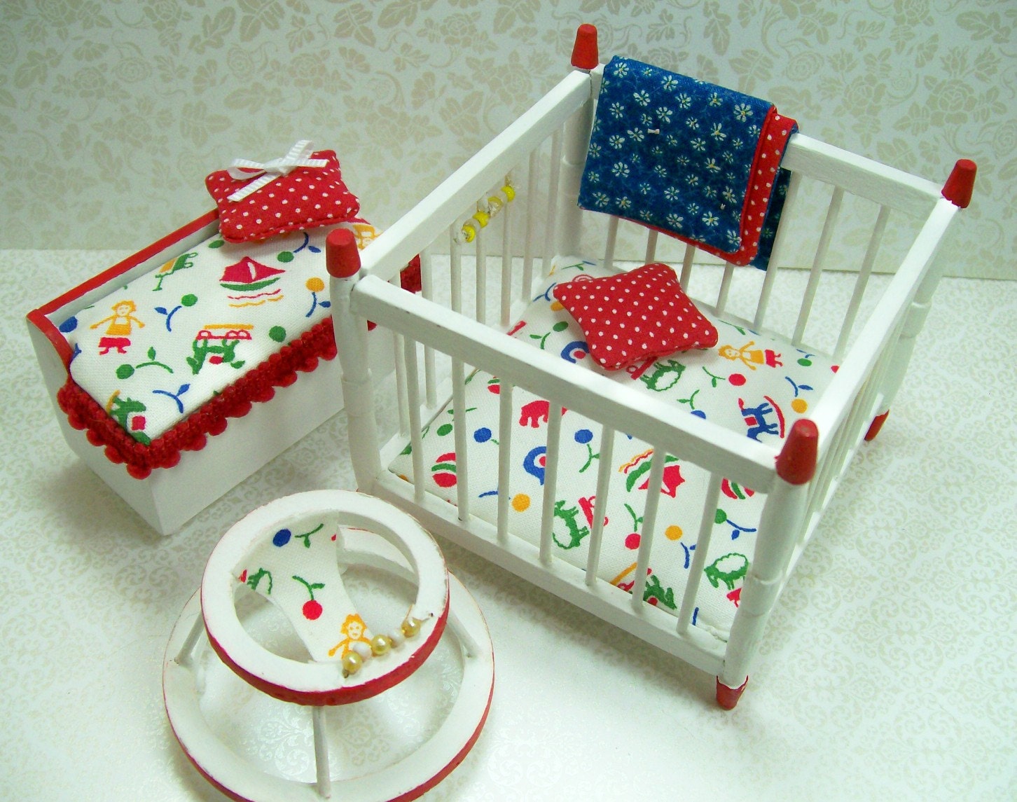 Dollhouse Miniature Furniture Playpen Walker Toy Chest Bench Red White Blue One Inch Scale OOAK