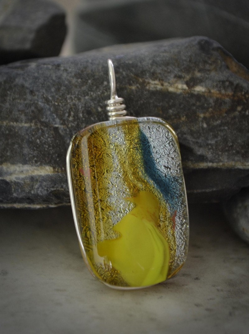 Dichroic Fused Glass Pendant - yellow and blue fused glass jewelry (by Meagan Chaney Gumpert)