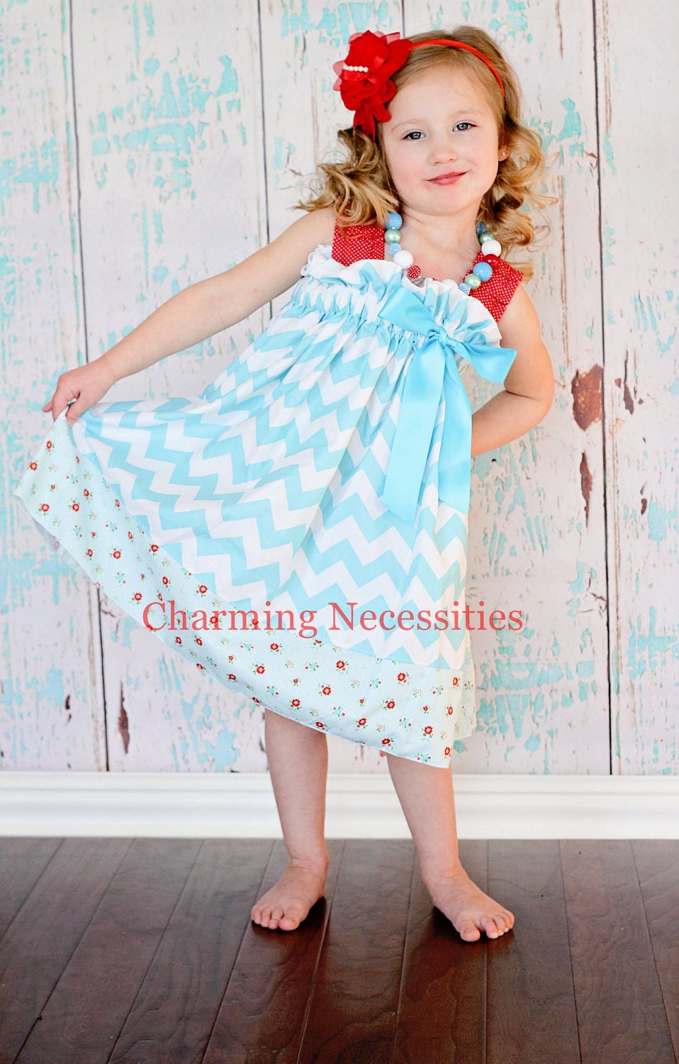 Chevron Girls Dress, Spring Ruffled Sun Dress Flourish Aqua and Red, Toddler