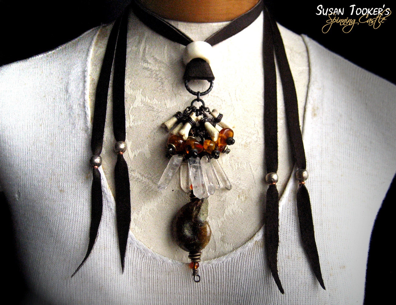Fossil Ammonite Tribal Amulet Necklace Coyote Bone Crystal Points Baltic Amber Pagan Ritual Pendant SPIRIT WALKER by Spinning Castle