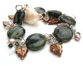 Charm Bracelet,Green Beaded Bracelet, Leaves,Freshwater Pearls,Hand Wired Sterling Silver - FOREST JEWEL