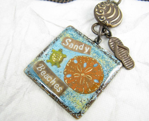 Sandy Beaches Collage Necklace, Turquoise Blue, Orange Sand Dollar, Metal Collage Hand stamped jewelry