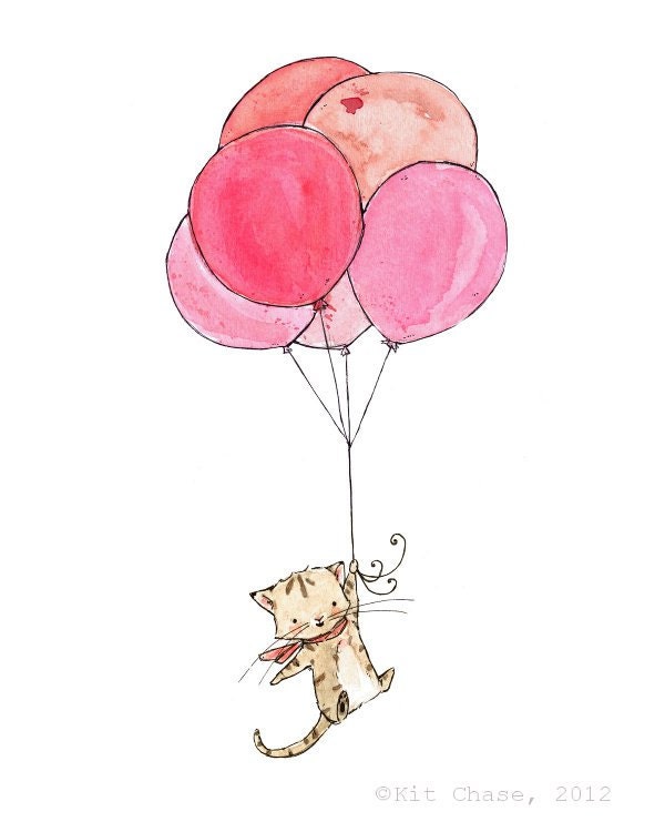Children's Art ---Kitten Balloons -- 5X7 Archival Print