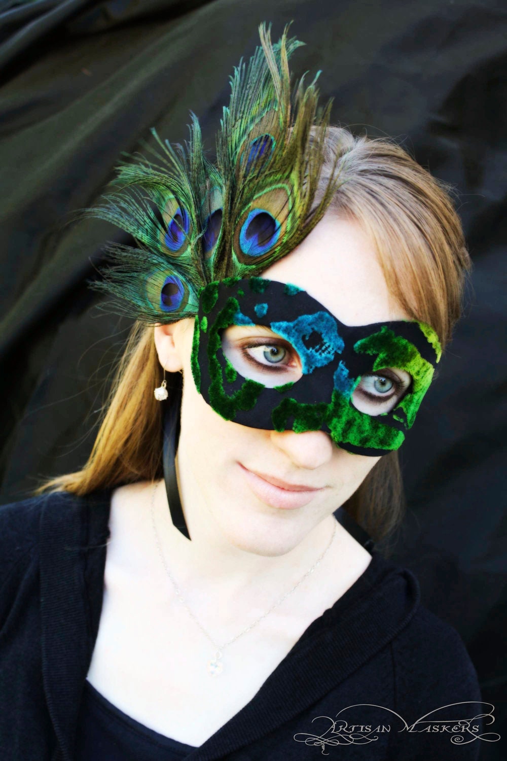 Peacock - Masquerade Ball Mask in Vivid Teal, Black, and Green with Peacock Feathers - RESERVED