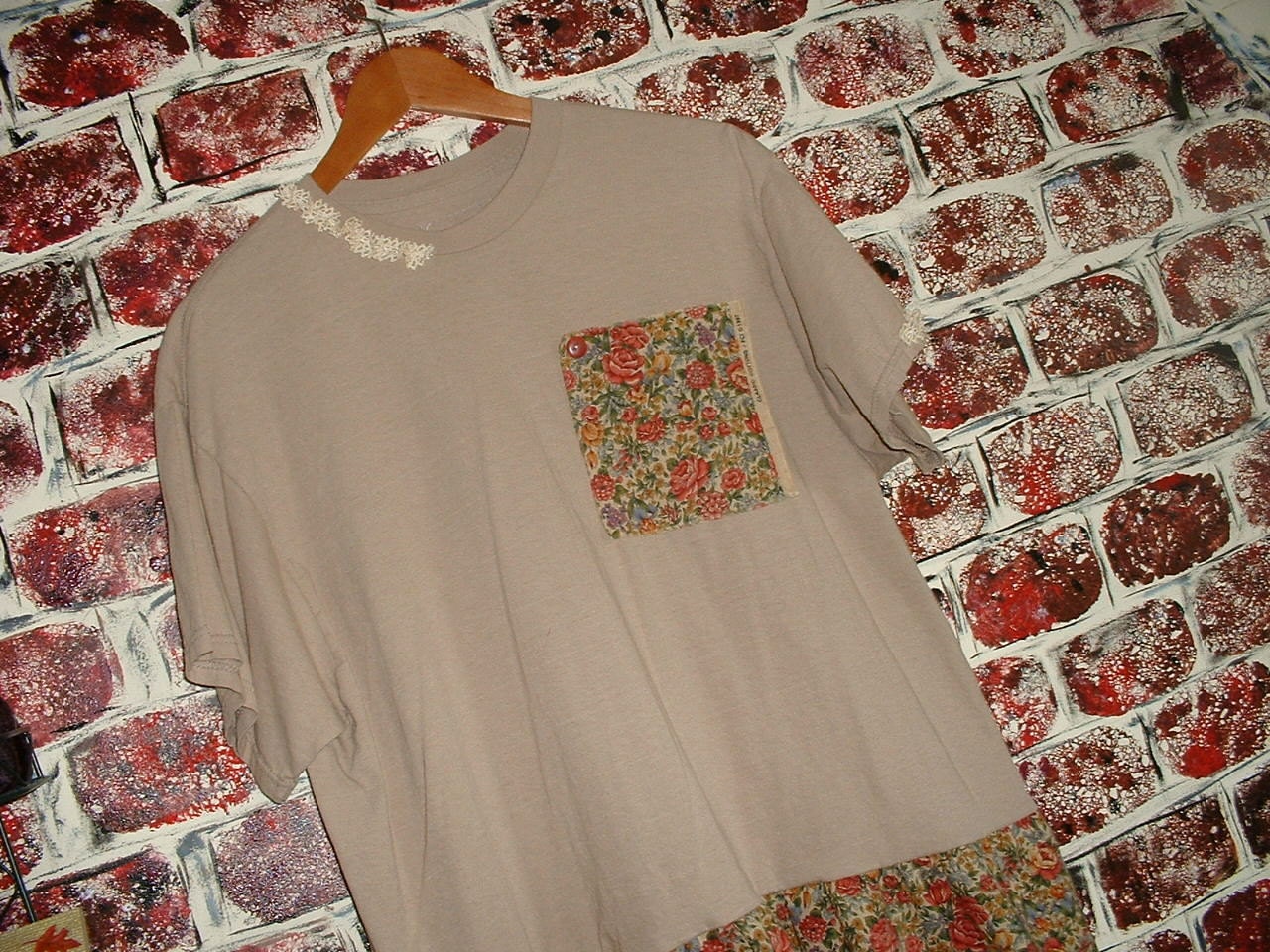 Handmade Tan Tee Shirt Dress, Tattered, Upcycled, Recycled, Mori Girl, Floral, Size XL, from "Pretty in Plus"