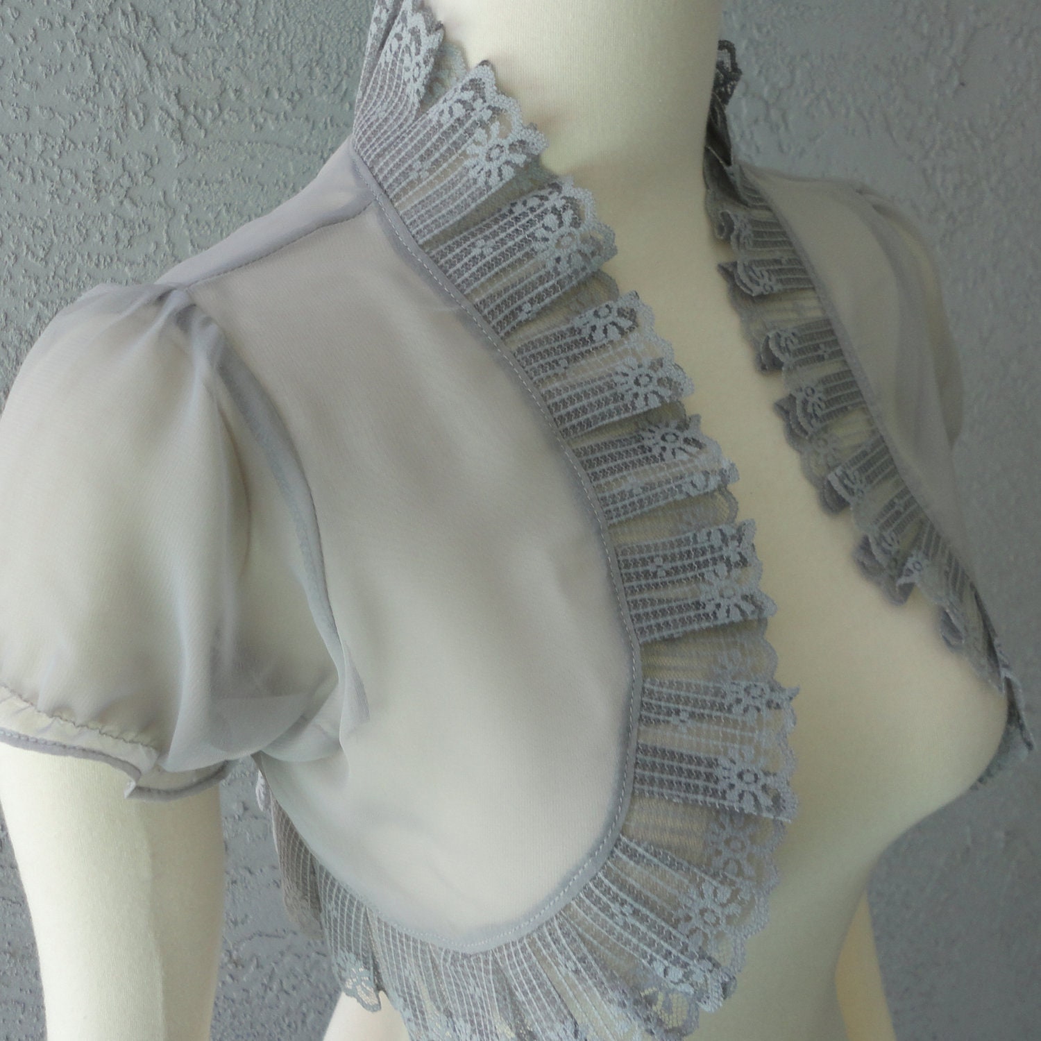 Wedding Bolero Shrug Gray Chiffon  With  Lace Trim All Sizes Available Custom Made