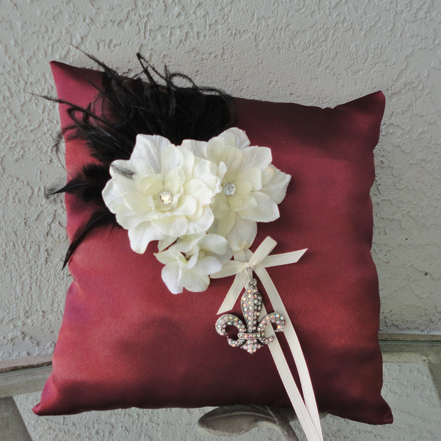 Reserved for April Custom Made Ring Bearer Pillow And Flower Girl Basket Burgundy And Ivory
