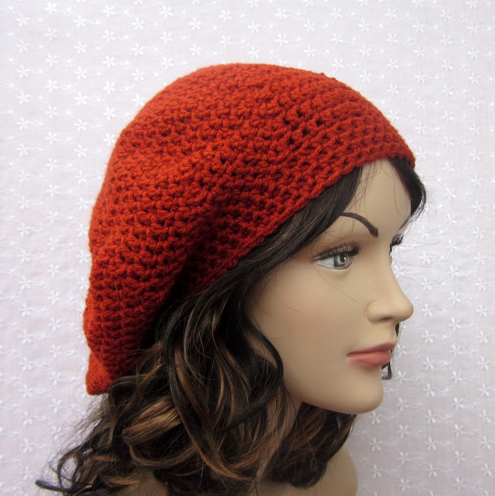 Red Orange Slouchy Crochet Hat - Womens Slouch Beret - Ladies Rust Tam - Spring Fashion Accessories