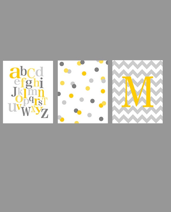 Nursery art - kid's wall decor - set of three - alphabet dots chevron initial - yellow and gray - digital print - 8x10 on A4