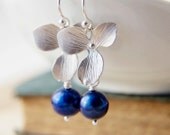 Midnight Blossom Earrings Blue Pearls Flower Dangle Drop PoleStar