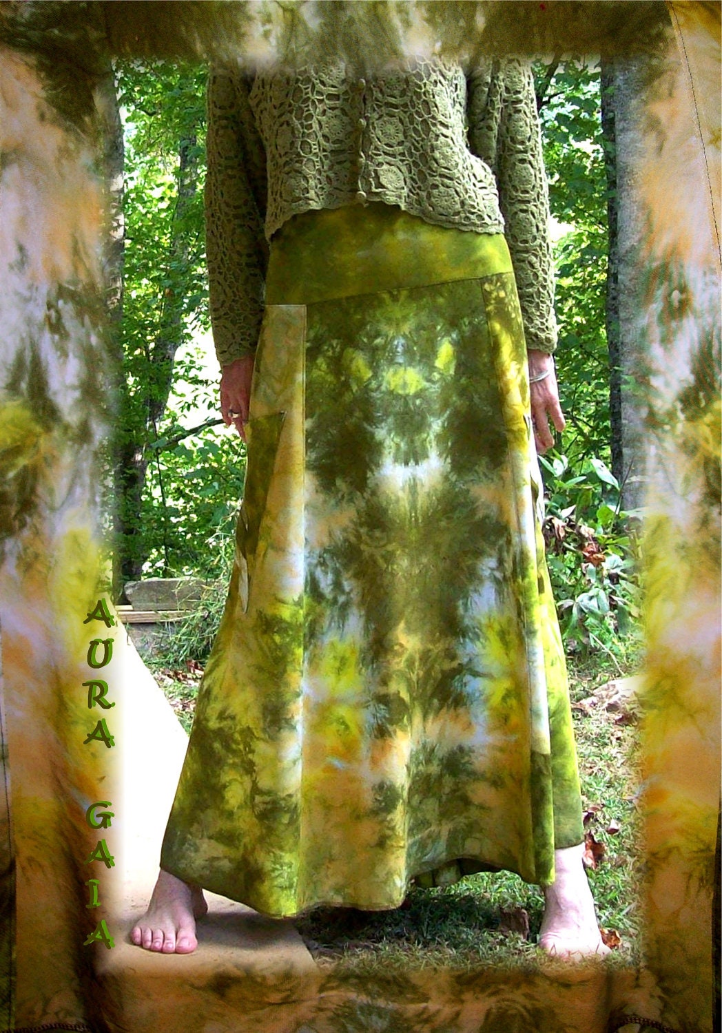 Reserved Bustleback Skirt WILD WASABI Hand Dyed in Moss, Tangerine, Yellow & Wasabi Indonesian Rayon fits 6 - 2X