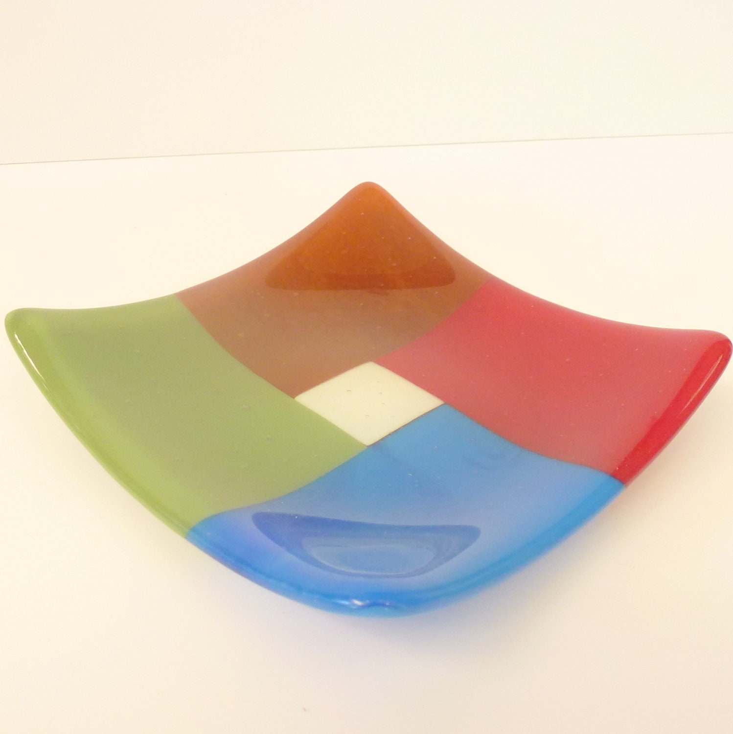 Fused glass plate - brown, blue, maroon, olive, and cream - fused glass key plate - fused glass dish - spoon rest  - soap dish 5" square - LotsaShimmer