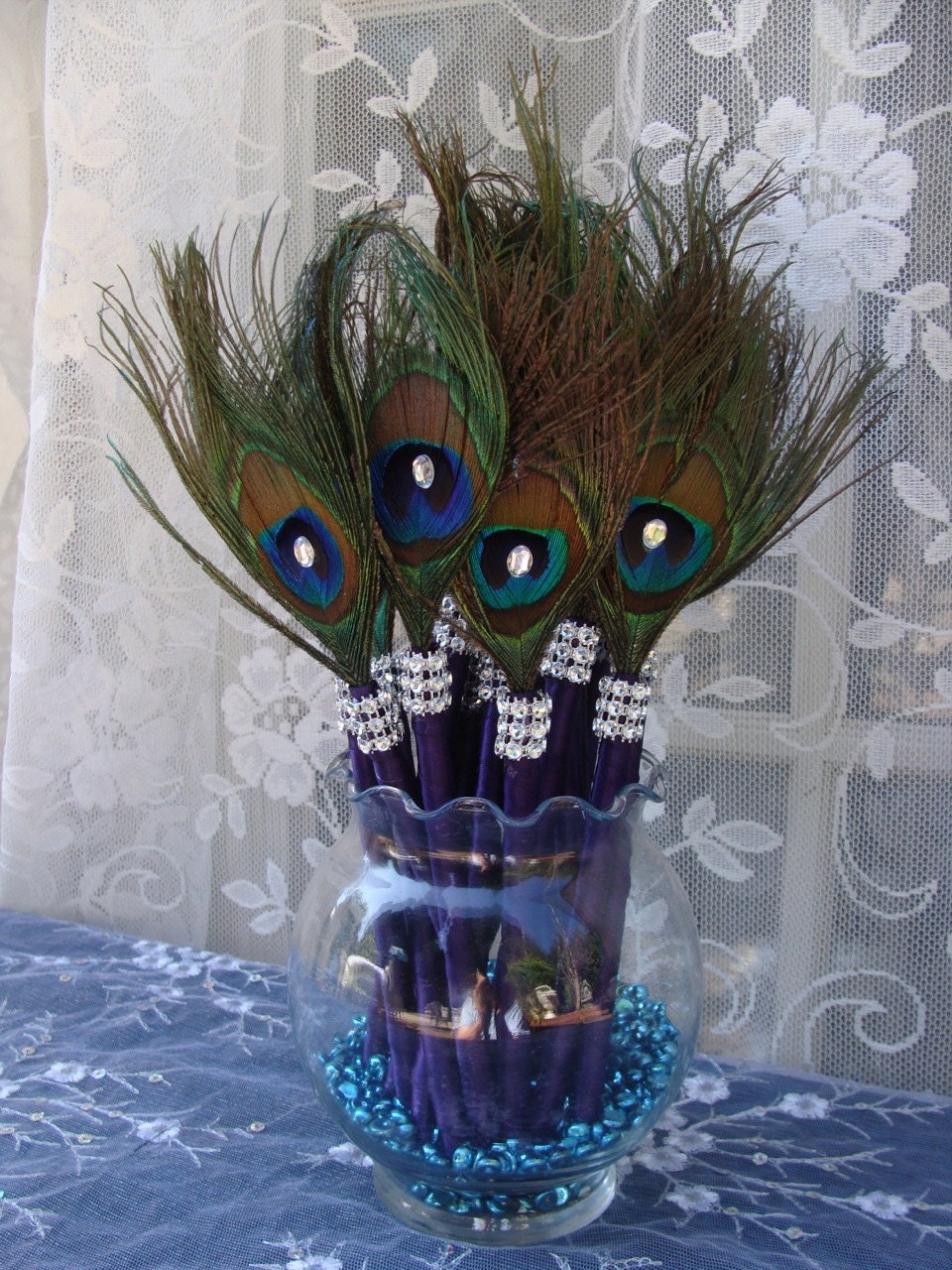 CUSTOM - 16 Peacock Feather Pen Favors with Bling in choice of colors for Fereen - 50% DEPOSIT LISTING