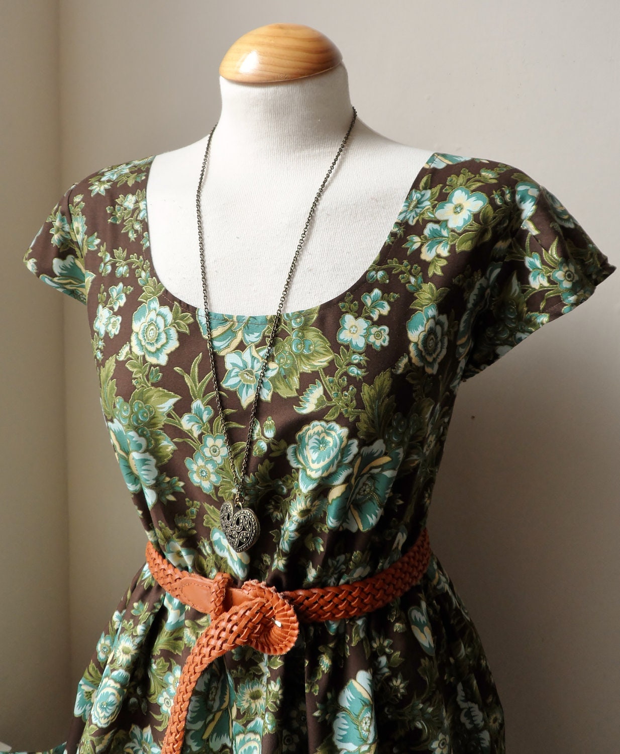 Floral Tea Dress in Oriental Aqua and Gold Fabric / Handmade / Choose Your Size