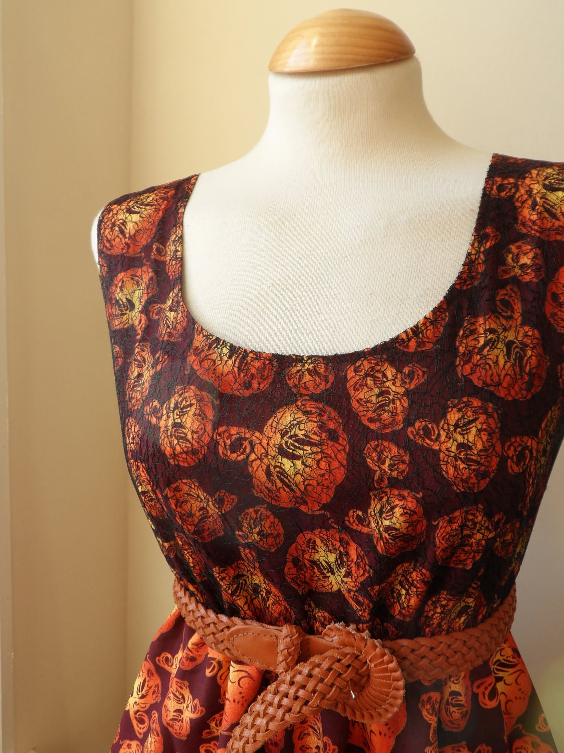 Halloween Party Dress Dark Red Burgandy and Orange Pumpkin Black Cobweb Lace Dress L