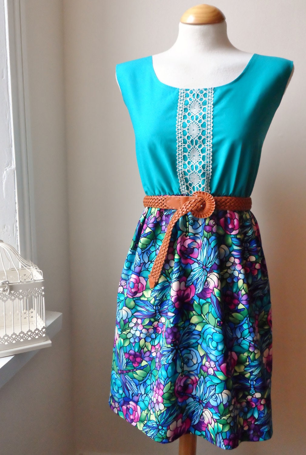 Jennifer Lilly Handmade Beautiful Dragonfly Jade Green Floral Lace Dress // Bohemian Dress Whimsical Woodland Fairytale Woodland (L,XL)