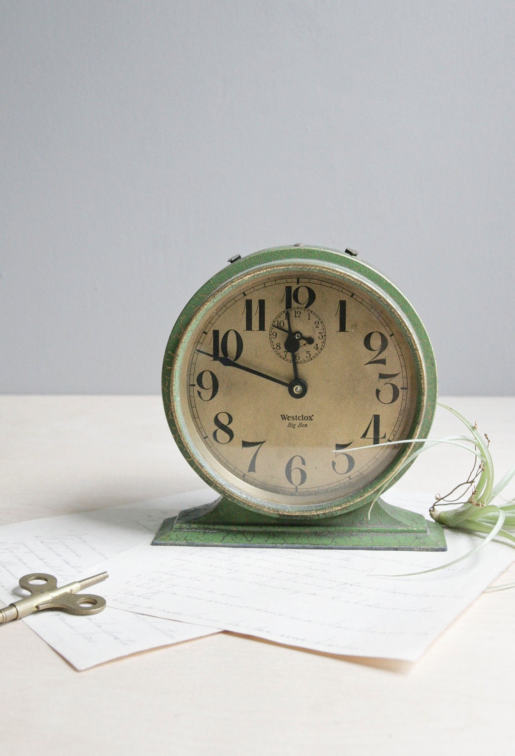 antique big ben wind up clock / green & gold