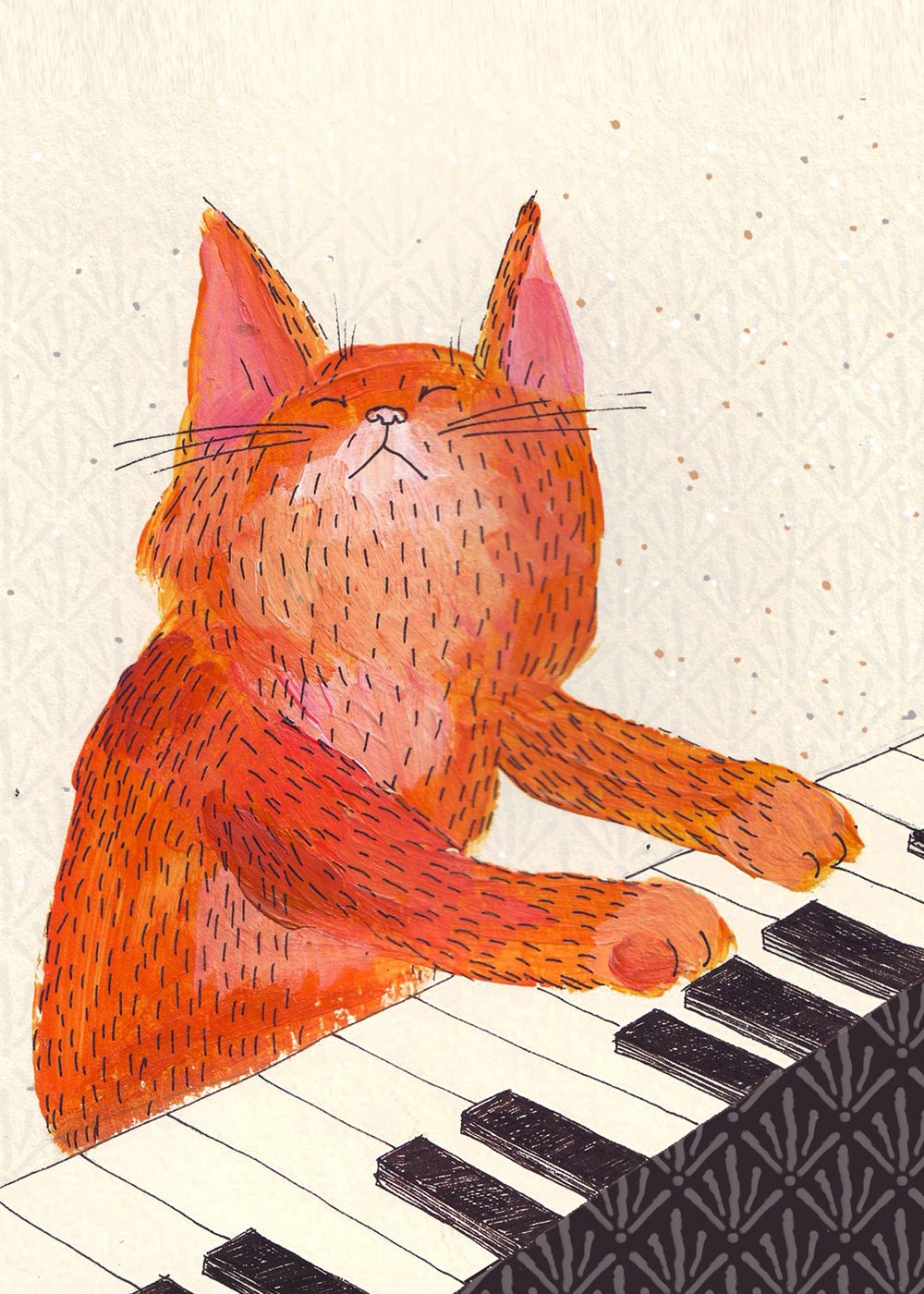 Ginger cat playing piano 5x7 in print