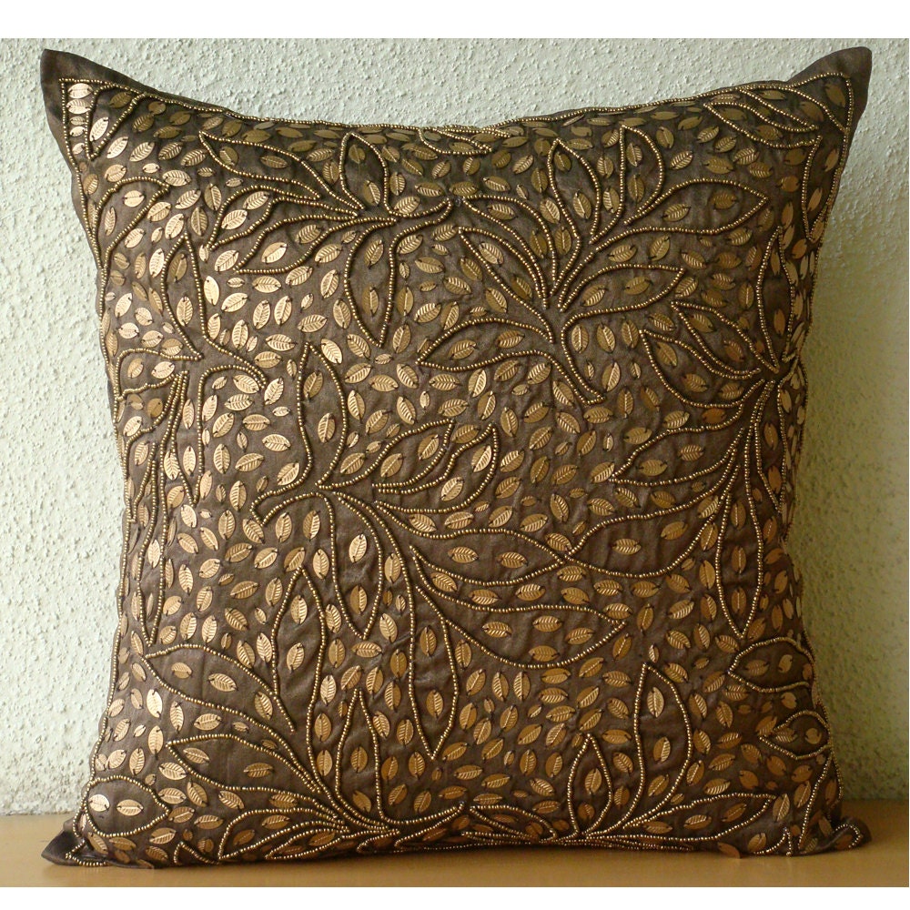 Gold Leaves - Throw Pillow Covers - 16x16 Inches Silk Pillow Cover Embellished with Textured Leaf Sequins And Beads
