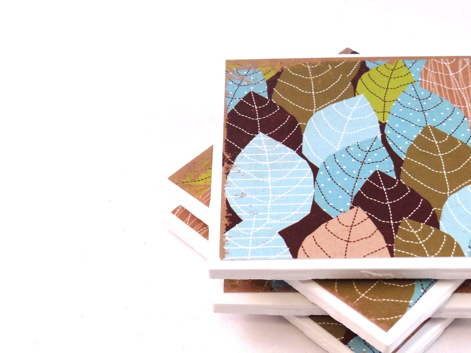 Blue and Teal Leaf Coasters - Set of 4 Ceramic Tile Coasters