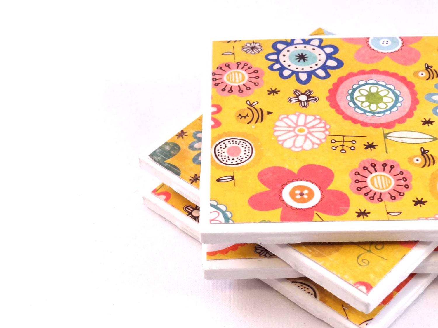 Tile Coasters - Bright Yellow Spring - Set of 4 Ceramic Tile Coasters