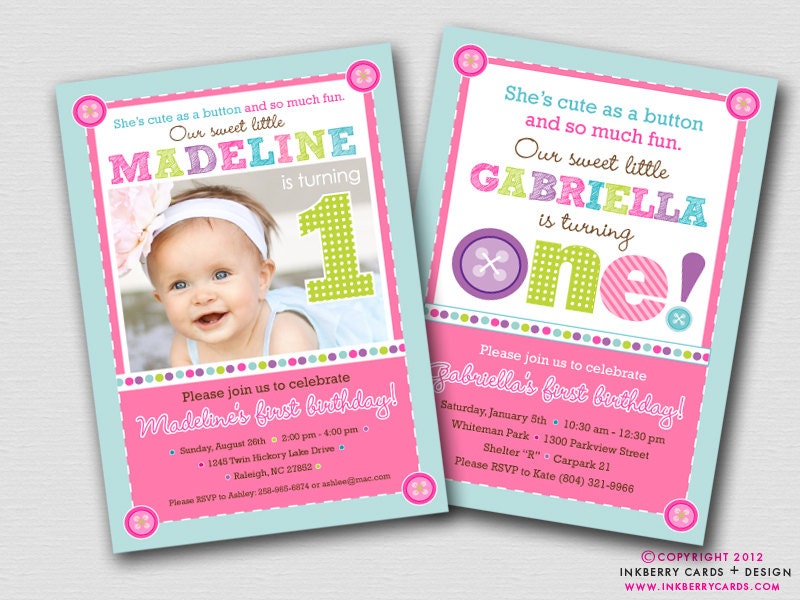 Cute as a Button - First Birthday Party Invitation (Digital File OR Cardstock Printed Cards Also Available) Il_570xn
