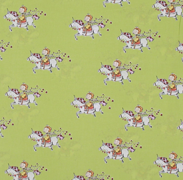 Heather Ross Crafty Chloe Unicorn on Green Cotton Fabric - 1/2 Yard (more available)