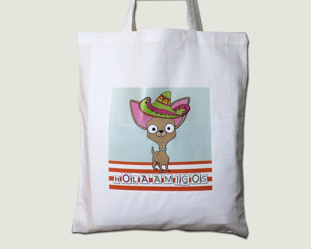 Chihuahua Tote Bag, White with Sombrero